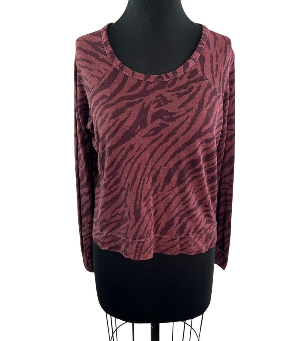 SUNDRY Burgundy Zebra Print Long Sleeve Cropped Sweatshirt Round Neck Top Sz 1